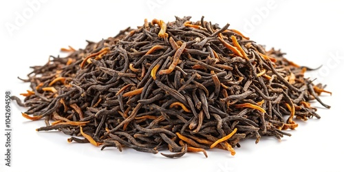 High angle view of dried orange tea grains on white background