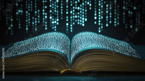 Ancient illuminated manuscript, open to reveal glowing text, isolated on white background