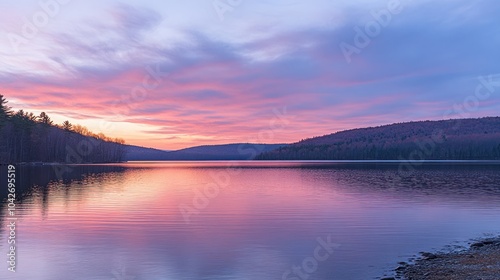 A serene lake at sunset with a colorful sky reflecting in the water.