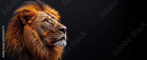 Majestic lion with a thick mane looking to the right against a black background.