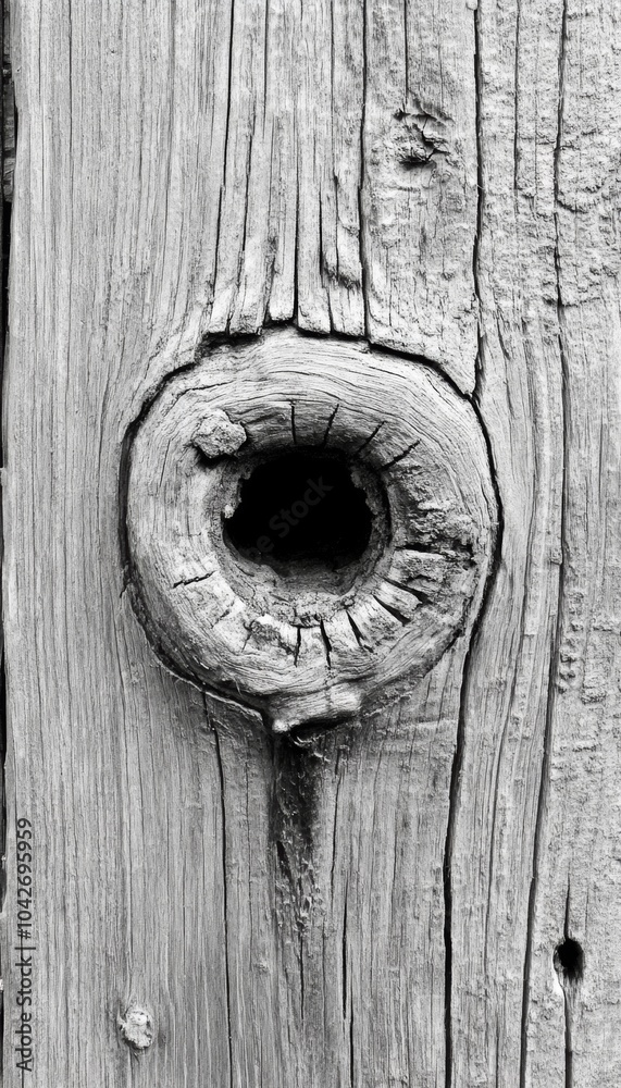 A close-up of a knot in a weathered wooden board. A close-up of a knot in a weathered wooden board.