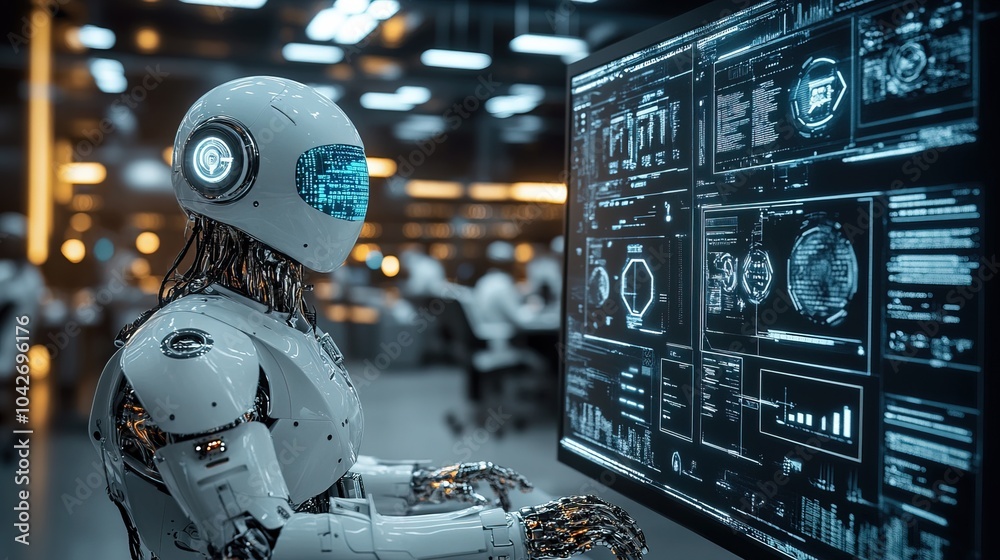 Fototapeta premium A corporate office with AI-driven automation systems, employees interacting