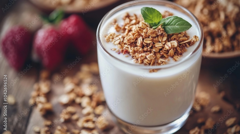 A Glass of Yogurt Topped with Granola and Mint A Glass of Yogurt Topped with Granola and Mint