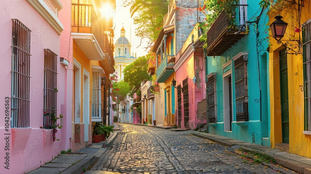 Obraz premium Charming Cobblestone Street in Historic Town at Sunset