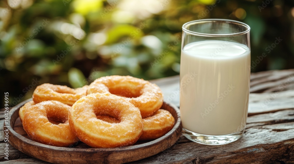 Sugary Donuts and a Glass of Milk on Rustic Wooden Surface Sugary Donuts and a Glass of Milk on Rustic Wooden Surface