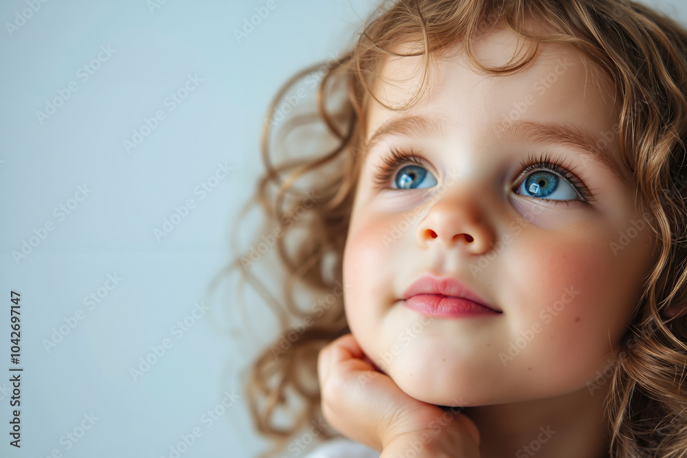A close-up of a young girl with curly hair and blue eyes, looking upwards with her hand on her chin A close-up of a young girl with curly hair and blue eyes, looking upwards with her hand on her chin