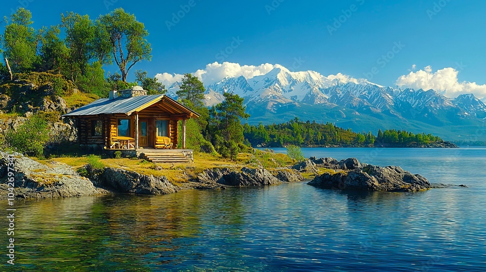 Naklejka premium A small cabin sits on the shore of a lake with mountains in the background