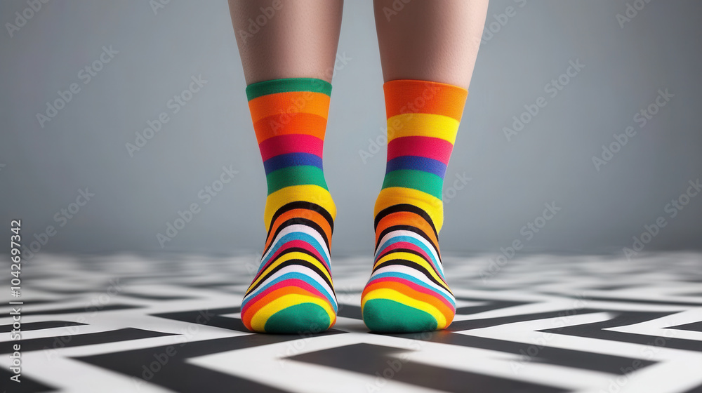 Colorful striped socks create vibrant and playful atmosphere, showcasing mix of bright colors and patterns. feet stand on contrasting geometric floor, enhancing lively expression Colorful striped socks create vibrant and playful atmosphere, showcasing mix of bright colors and patterns. feet stand on contrasting geometric floor, enhancing lively expression