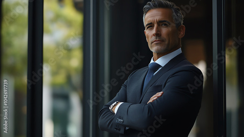 A business leader, arms crossed, looking relaxed but focused before an important meeting.