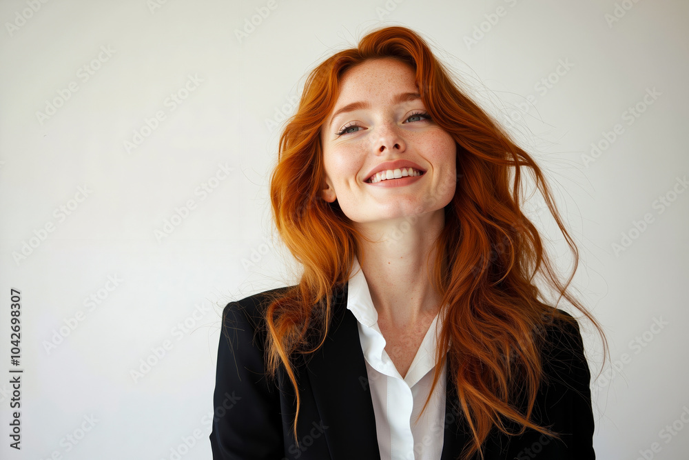 A woman with red hair smiling and looking up A woman with red hair smiling and looking up