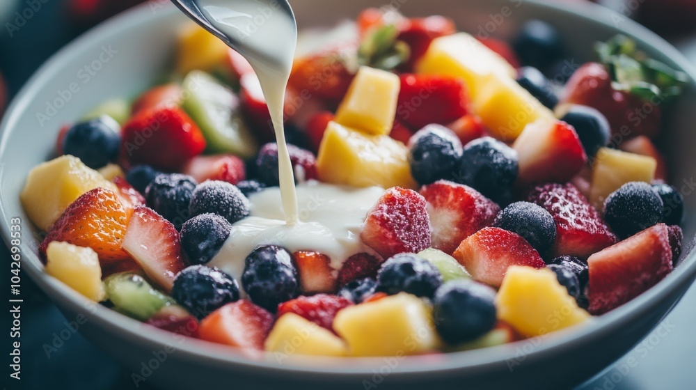 A Bowl of Fresh Fruit Salad with White Cream Pouring On Top A Bowl of Fresh Fruit Salad with White Cream Pouring On Top
