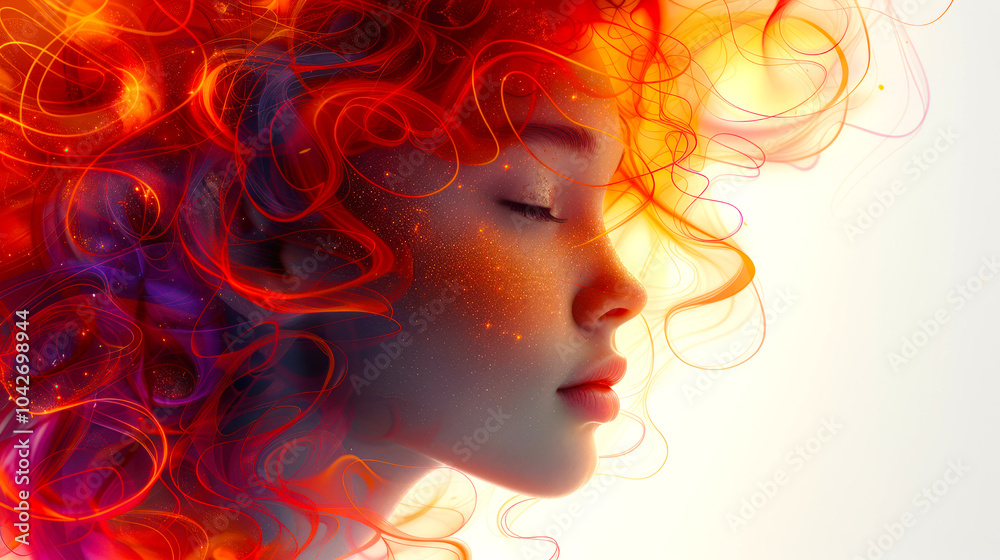 The unearthly beauty of a woman. Women's Day is March 8th. A young lady with long curly red hair, profile view, close-up. The fiery sign of the horoscope. Advertising of a beauty salon The unearthly beauty of a woman. Women's Day is March 8th. A young lady with long curly red hair, profile view, close-up. The fiery sign of the horoscope. Advertising of a beauty salon