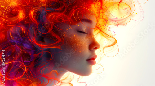 The unearthly beauty of a woman. Women's Day is March 8th. A young lady with long curly red hair, profile view, close-up. The fiery sign of the horoscope. Advertising of a beauty salon