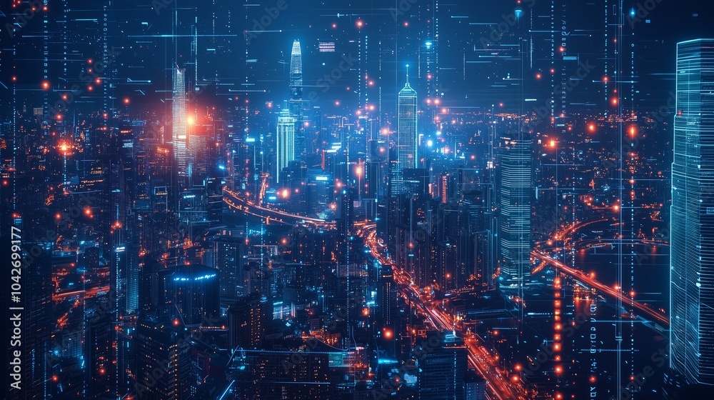 Futuristic City Skyline with Digital Data Flow Futuristic City Skyline with Digital Data Flow
