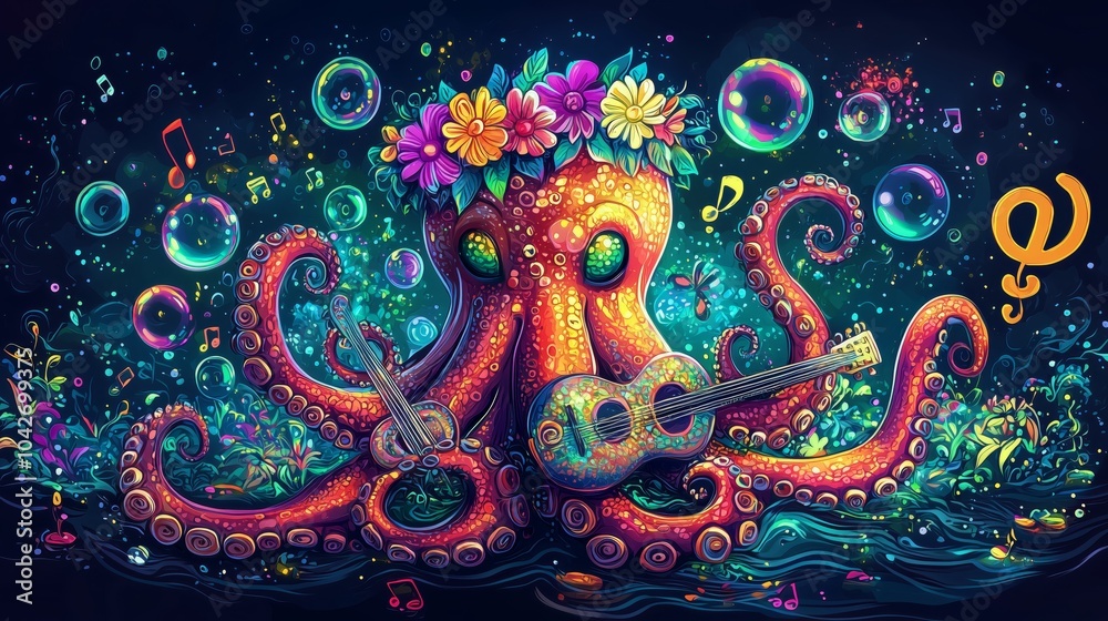 Fototapeta premium Colorful Psychedelic Cartoon Octopus with Instruments