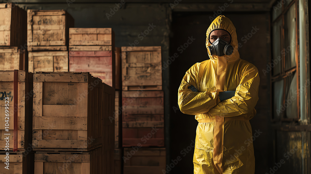 A worker in protective gear, arms folded, standing next to a stack of crates ready for shipment. A worker in protective gear, arms folded, standing next to a stack of crates ready for shipment.