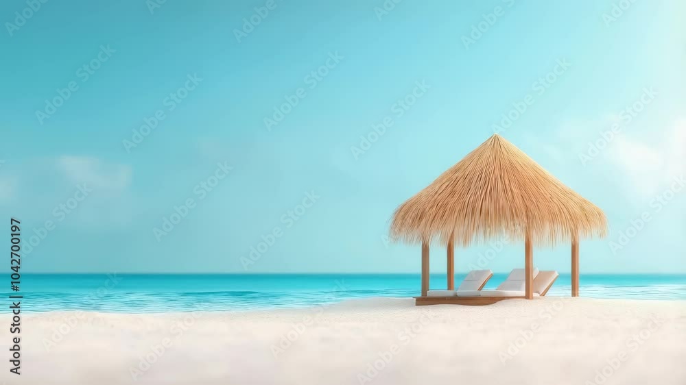 Tropical beach relaxation at serene seaside hut with lounge chairs, enjoying calm ocean waves under clear blue sky this summer. Tropical beach relaxation at serene seaside hut with lounge chairs, enjoying calm ocean waves under clear blue sky this summer.