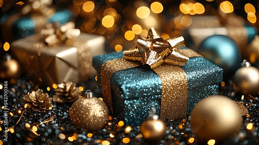 Sparkling Gifts with Golden Bows and Ornaments, Festive Celebration Decor with Bokeh Lights Sparkling Gifts with Golden Bows and Ornaments, Festive Celebration Decor with Bokeh Lights