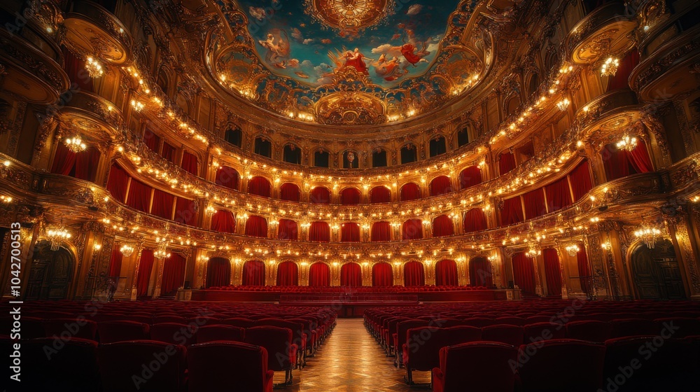 Obraz premium A grand theater interior with ornate decorations and warm lighting.