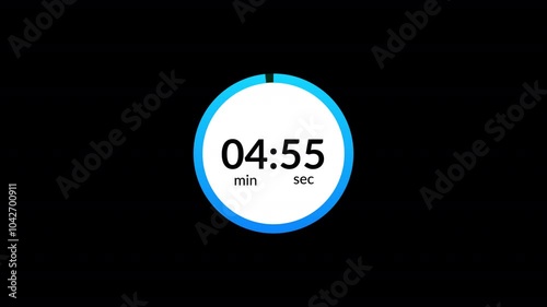 five minutes countdown timer animation, 5 minutes countdown on black background, 5 minutes circle timer.