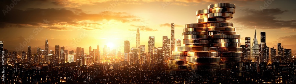 A city skyline with a large stack of gold coins in the foreground A city skyline with a large stack of gold coins in the foreground