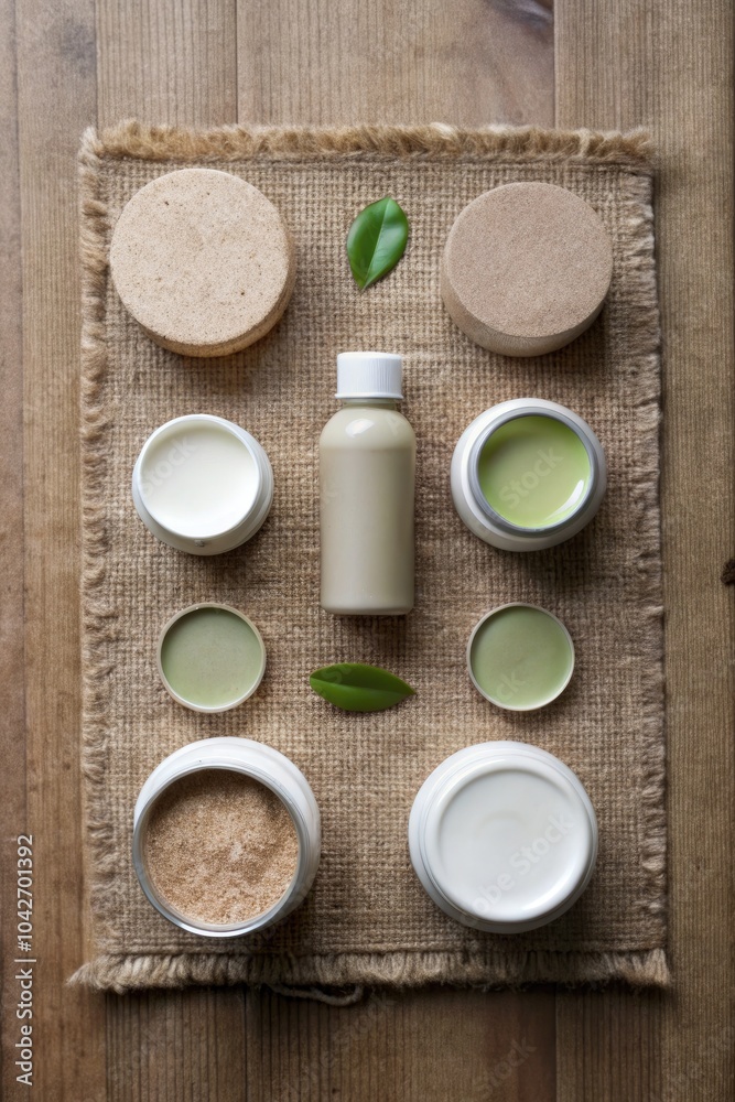 Natural skincare products laid out on linen. Natural skincare products laid out on linen.