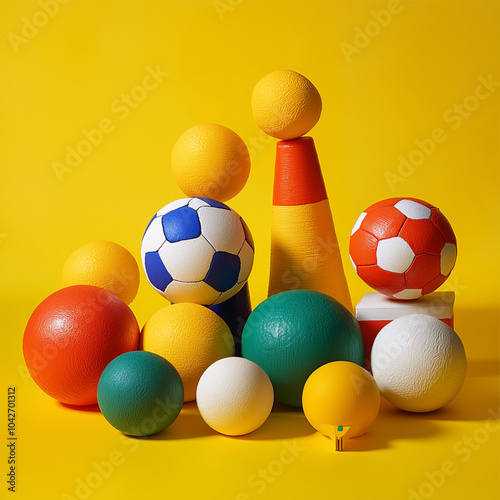 A collection of sports balls, including soccer balls, are piled on top of each other. The balls are of various colors and sizes, creating a visually interesting and playful scene