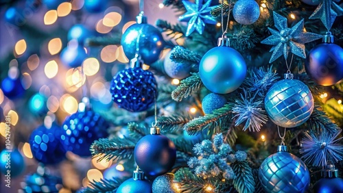 Stunning Macro Photography of Blue Christmas Tree Decorations for Holiday Festivities