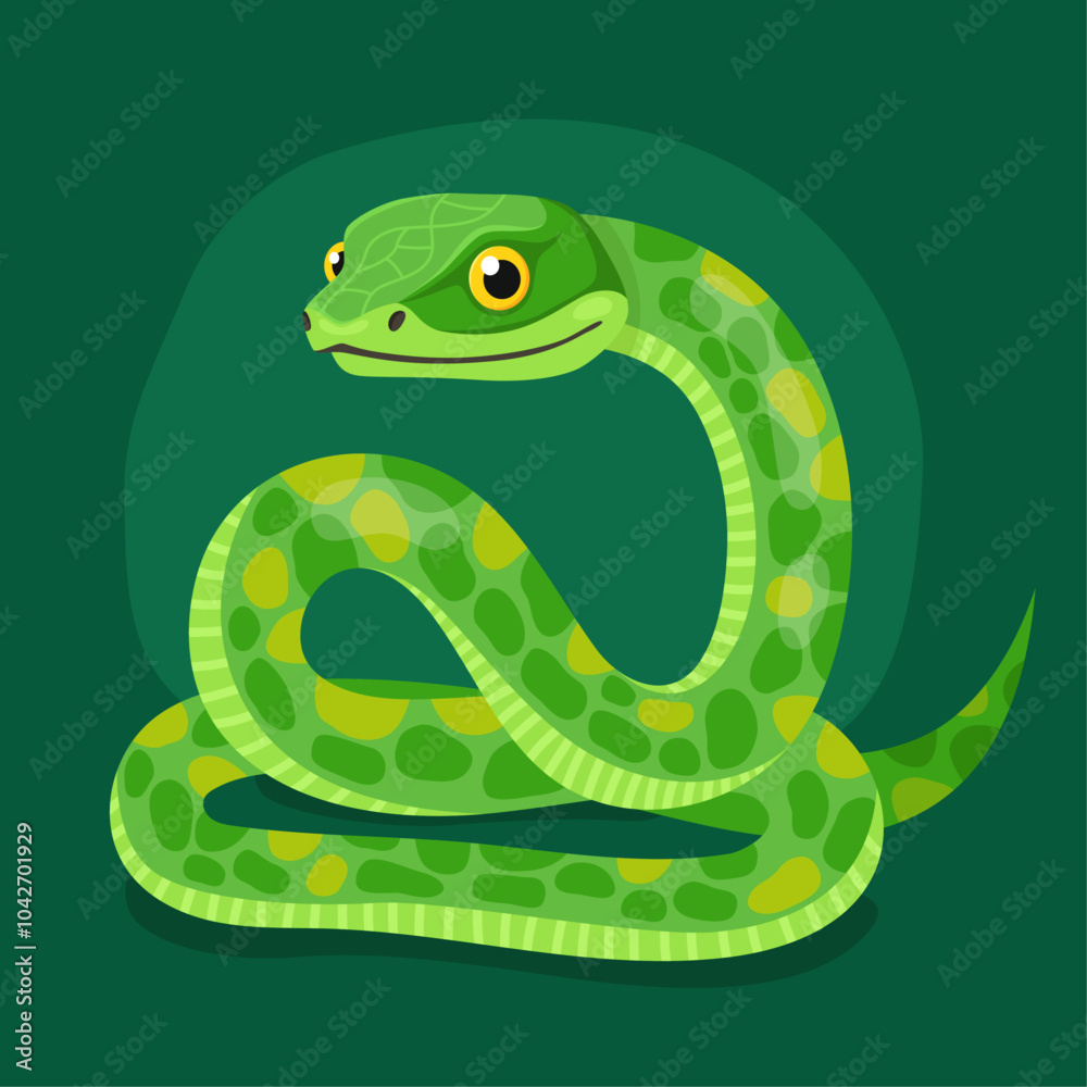 Fototapeta premium Cute green snake on a dark green background. New Year of the Snake, Lunar New Year or Chinese New Year. Animal zodiac cartoon character, mascot, symbol of the year. Illustration for greeting card.