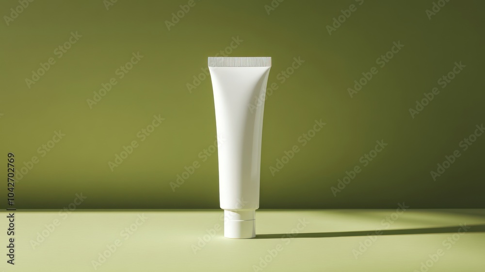 A simple white tube standing upright on a soft green background, suggesting skincare or cosmetic use. A simple white tube standing upright on a soft green background, suggesting skincare or cosmetic use.