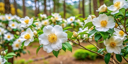 High angle view of Japanese stewartia with white flowers in early summer forest photo