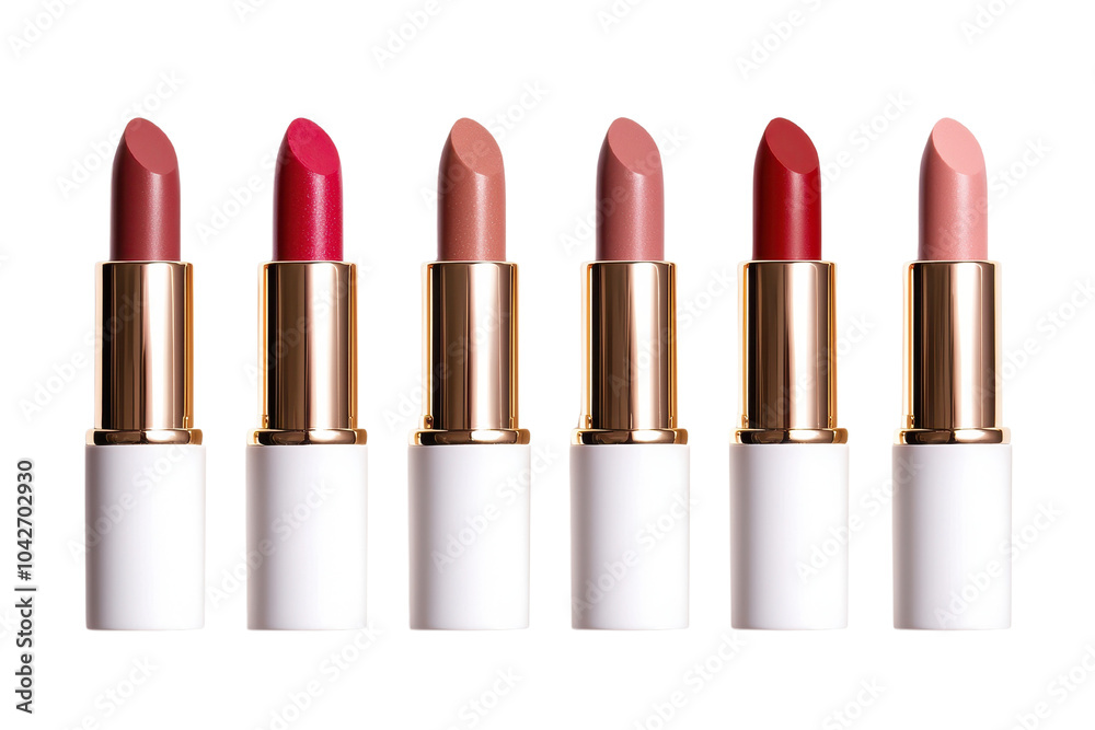 Six lipstick tubes on a white isolated background, showcasing varying shades. Six lipstick tubes on a white isolated background, showcasing varying shades.