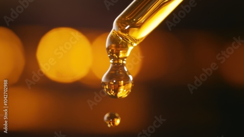 A close-up of a dropper releasing an amber liquid against a blurred warm background. photo