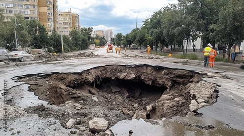 Cracked road and big hole in ground in city due to earthquake