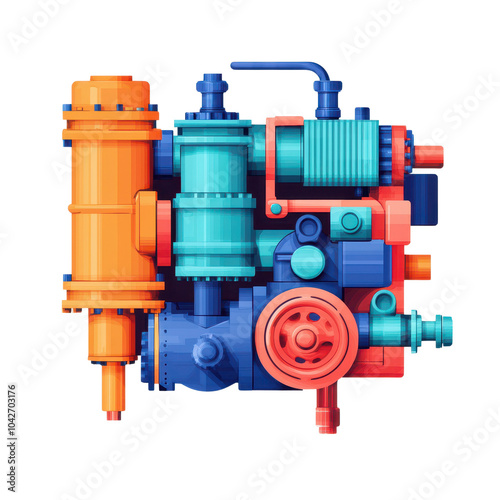 Colorful abstract industrial machine components, white isolated background.