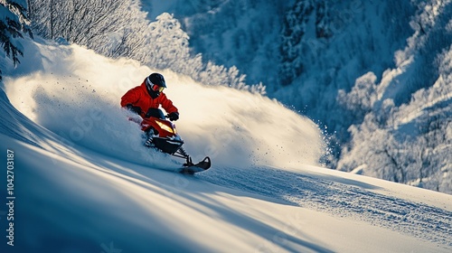 A snowmobiler in red clothing rides down a snowy mountainside, kicking up a spray of powder. photo