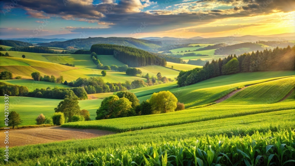 Fototapeta premium Green cornfields bask in the sunlight amidst meadows and lush forests of a hilly countryside, green, cornfields, meadows, lush