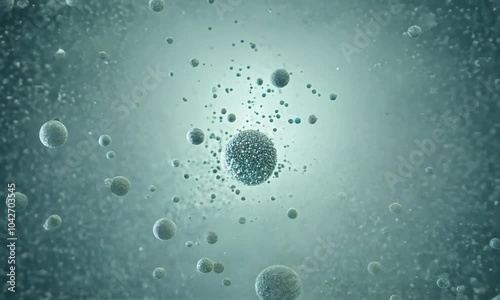 Zoom shot with particle dynamics in a colloid: The camera starts with a view of micro-particles in a colloidal suspension. The camera zooms in to show the dynamic behavior of the particles, including 