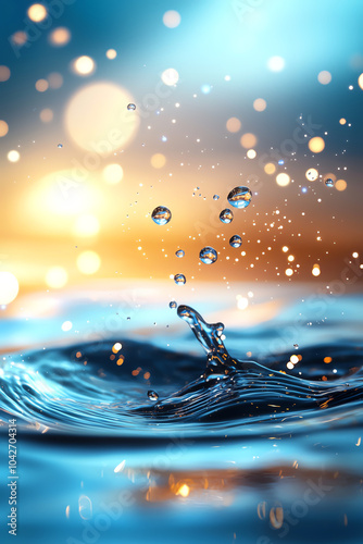 Captivating water splash with glimmering droplets against a dreamy background of blue and gold hues