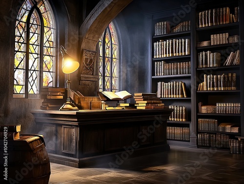 Wallpaper Mural Transform Your Space with a Vintage Reading Room Poster: Enchanting Dark Wood Desk, Brass Lamp, and Colorful Stained Glass Reflections Amidst Leather-Bound Books Torontodigital.ca