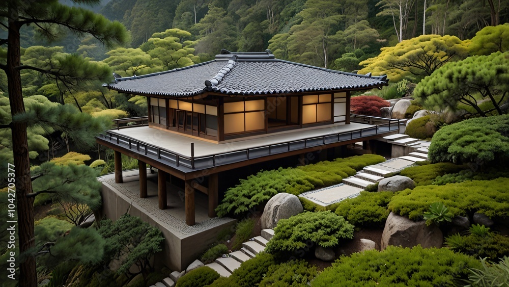 Japanese Garden House with Stone Path and Trees Japanese Garden House with Stone Path and Trees