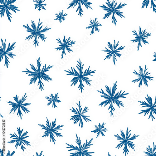 Blue snowflakes scatter across a white background, creating a winter-themed pattern design