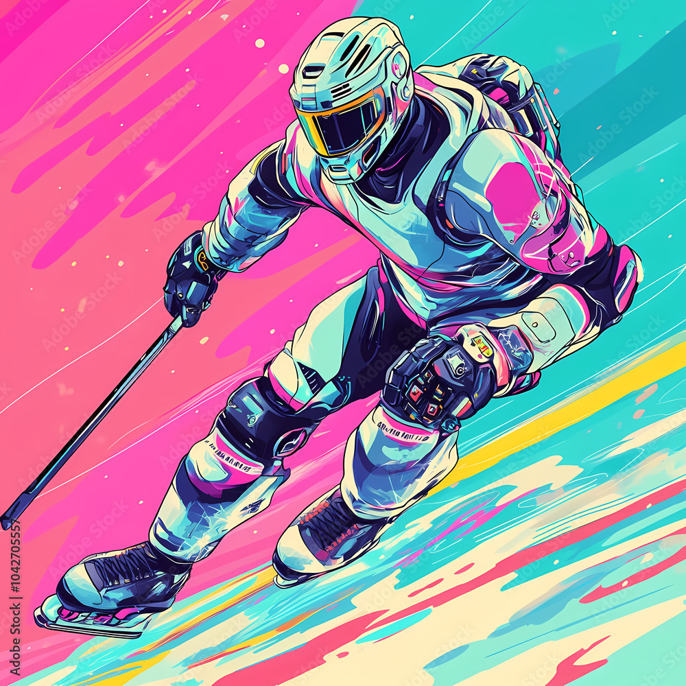 Obraz premium A hockey player displaying futuristic technology in a dynamic action, blending sports and advanced cybernetic elements pop art sticker vector.