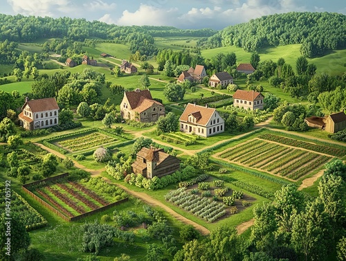 Serene Farming Estate Poster: Captivating Wide-Angle View of Lush Farmland, Charming Farmhouse, and Vibrant Crops – Perfect for Enriching Your Sports Interior Décor!