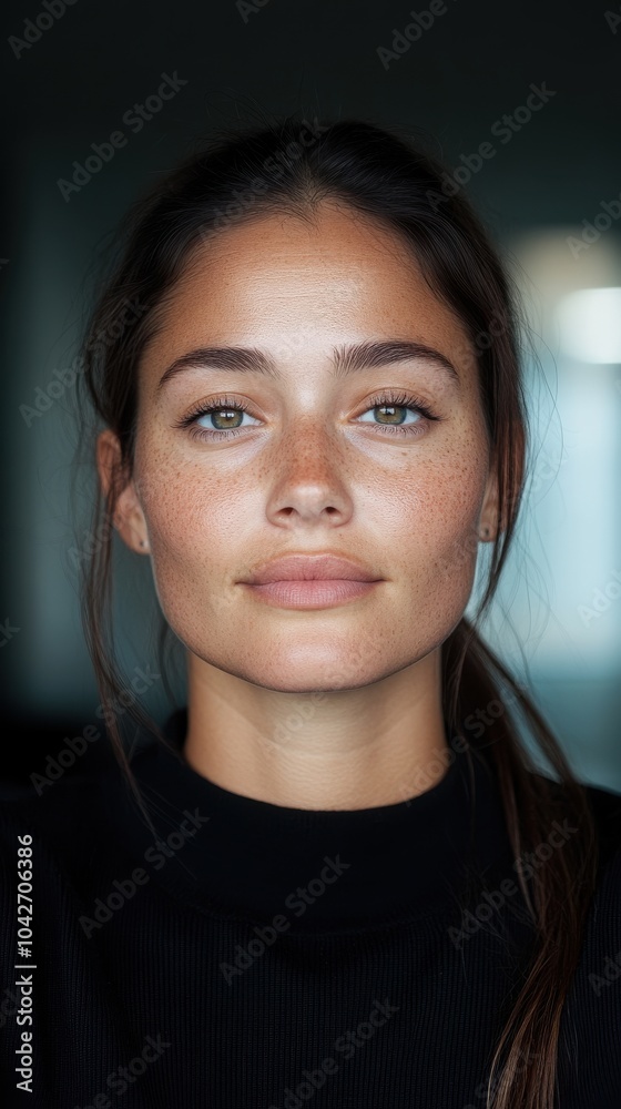 Natural Beauty Portrait of a Young Woman with Freckles and Striking Blue Eyes Natural Beauty Portrait of a Young Woman with Freckles and Striking Blue Eyes