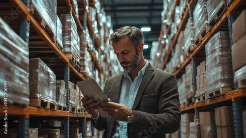 Businessman reviewing e-commerce product inventory, warehouse setting, tech-driven stock management