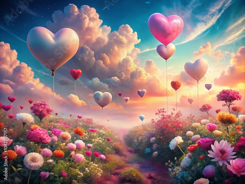 Surreal Valentine's Day Dreamscape with Floating Hearts and Whimsical Colors for Romantic Ads photo