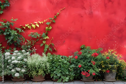 A row of potted plants in front of a red wall