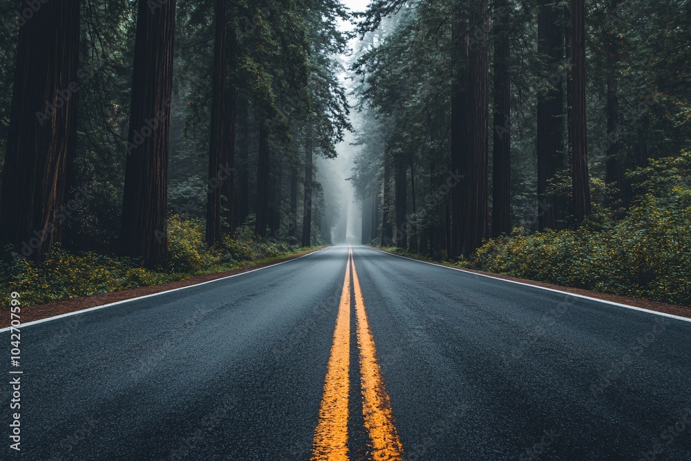 A serene forest road surrounded by towering trees, with a tranquil atmosphere and mist enveloping the landscape, inviting adventure and exploration. A serene forest road surrounded by towering trees, with a tranquil atmosphere and mist enveloping the landscape, inviting adventure and exploration.