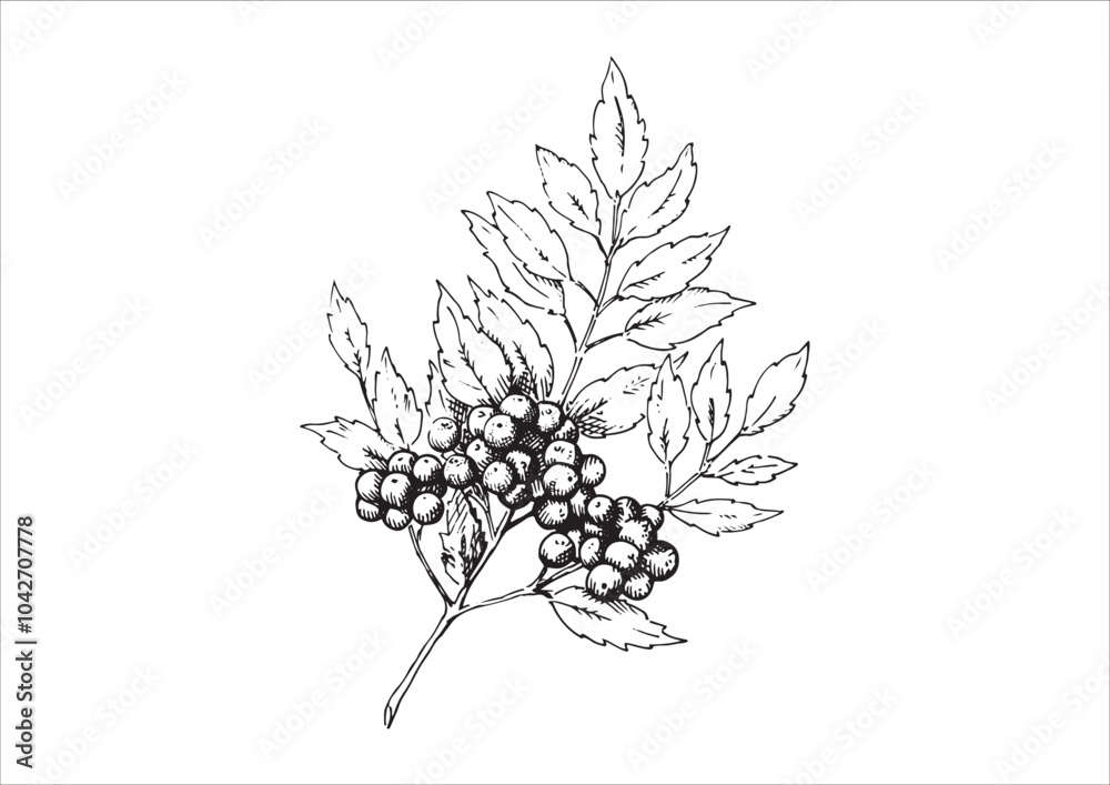 秋冬の植物画:実をつけた枝葉の繊細な線画